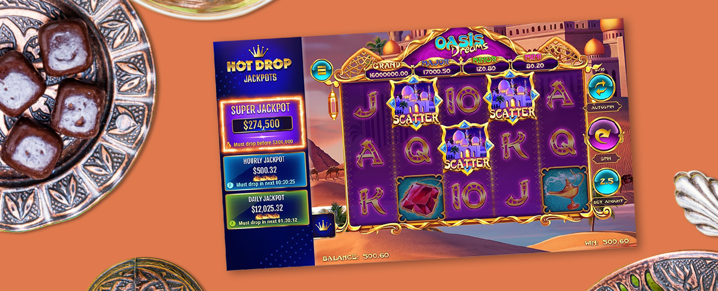 Featuring prominently in the middle of the image is a screenshot of the Cafe Casino slot game, Oasis Dreams Hot Drop Jackpots, showing various symbols on the reels, along with the jackpot panel. To the left, four chocolates sit on a brass plate, accompanied by various brass trinkets just out of frame.