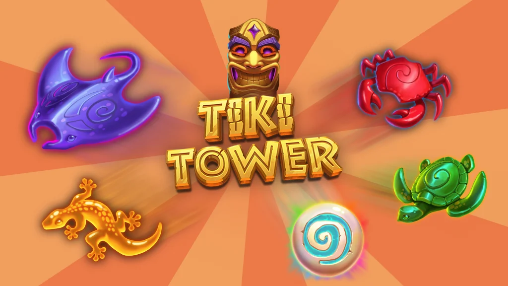Scattered on an orange background are 5 animated slot game icons from the Cafe Casino slot game, Tiki Tower. In the middle is the game logo.