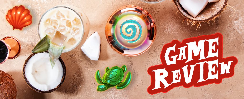 On top of a copper table surface we see a milk drink in a glass with ice and guava leaves, sitting adjacent to an open coconut and a brass bowl. Scattered around are three animated slot game icons from the Cafe Casino slot game, Tiki Tower - an orange shell, a green turtle, and a blue swirl. To the right, read the words, Game Review, in red and white.
