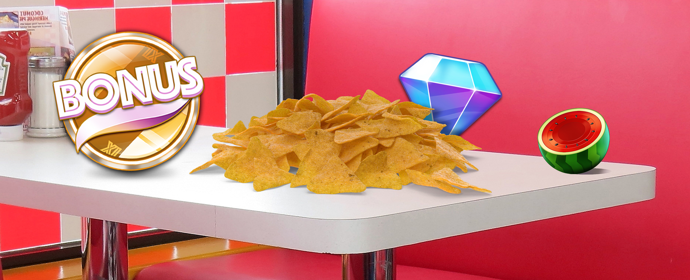 A large pile of corn chips sits atop a white cafe table, with an oversized animated diamond sticking out. To the right is a small watermelon symbol, and to the left is a 3D-animated bonus symbol from a Cafe Casino slot game.