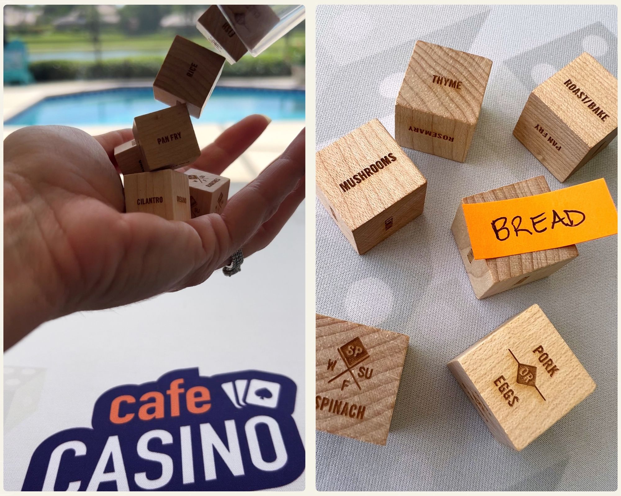 The left side of the image features the logo for the online casino, Cafe Casino, and a hand rolling dice with food groups on it. The right side of the image shows what’s written on the dice after they’ve been rolled: Thyme, Mushrooms, Spinach, Pork or Eggs, Bread, Roast or Bake.