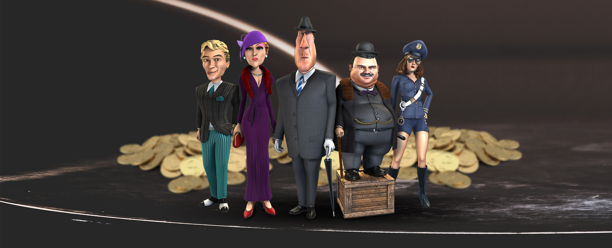 Five 3D-animated mobster characters from the Cafe Casino slots game, Mob Heist, are pictured standing in front of a pile of gold coins atop a marbled black table.