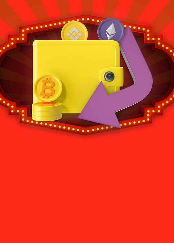 A vibrant 3D yellow wallet is featured, with a golden Bitcoin atop three similar coins resting on the wallet. Two cryptocurrency coins, one purple (Ethereum) and one yellow, peek from behind the wallet. A bold arrow directs focus to the foreground bitcoins. The backdrop features a Las Vegas-style lit frame and two-tone red stripes.