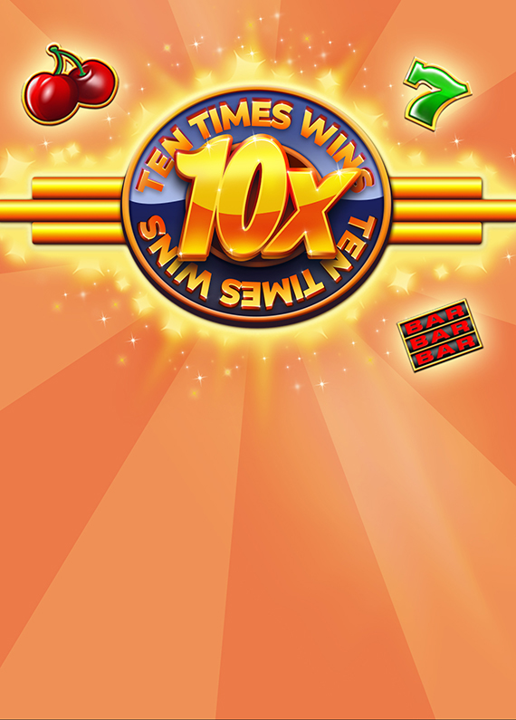 To the right and left are slots symbols such as red cherries, a green 7, and red BARs. The illustrated logo from the Cafe Casino slots game, Ten Times Wins, written in large, embossed gold type with a slight sparkle, sits in the center. A two-tone orange background is around the slots logo.