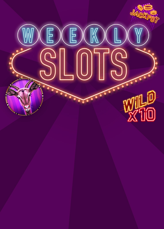 On this two-tone, striped purple background is a neon Vegas-style sign that says “Weekly Slots” and three online slots symbols from Cafe Casino online slots games around it.