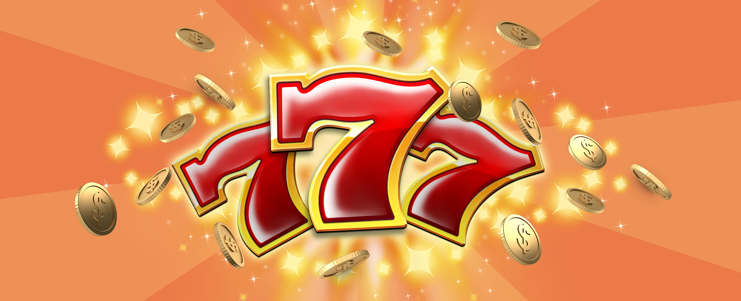 Three red 7s from the Cafe Casino online slots game Ten Times Vegas are displayed in the center, with a luminary gold sparkle around them. Coins fall around them also.