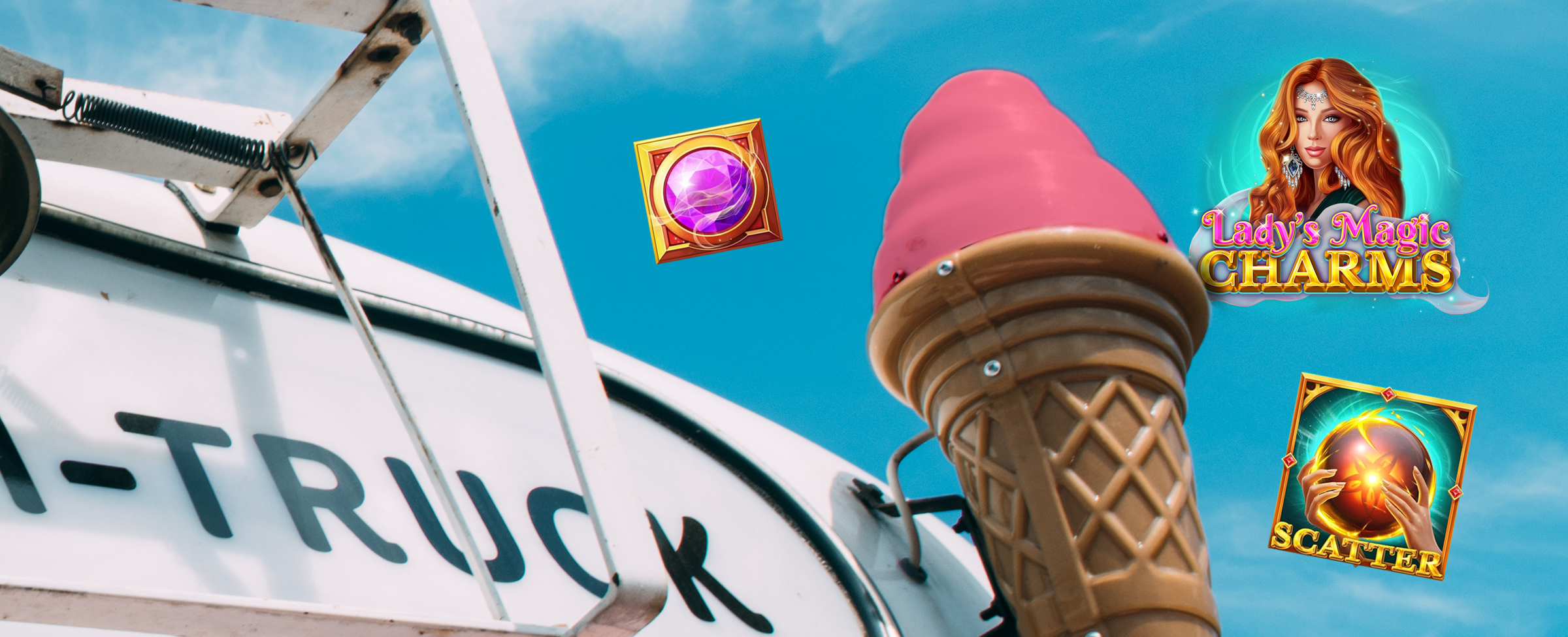 An ice cream van, with a large a strawberry ice cream prop cone. To the left, the word "truck" is written in retro lettering. Encircling the ice cream cone are three slots symbols from the Cafe Casino slots game, Lady's Magic Charms Hot Drop Jackpots. These include a gleaming purple gem, a scatter icon that illustrates a pair of hands cradling a glowing crystal ball, and the game's main logo.