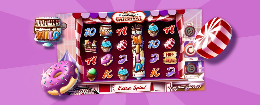 Pictured in the middle of the image is a golden ticket that says ‘free spins ticket’ written on the top in red, capital letters, flanked on either side by the letters K and A. Surrounding it are falling gold coins, with several white and red-striped candy heads from lollipops, offset by a pink background.