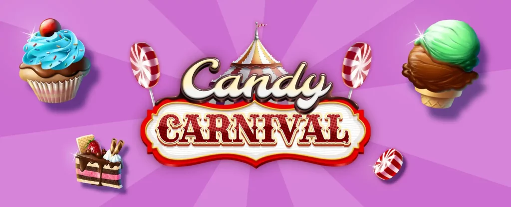 In the middle of this image, we see two 3D words that read ‘Candy Carnival’, from the Cafe Casino slots game of the same name. The word ‘Candy’ is lettered in a script font, whale ‘Carnival’ is encased in a circus-style sign. Stuck into the sign on either side are two lollipops, and surrounding it are 3D-animated slots symbols, including a cupcake, an ice cream cone and a slice of chocolate and strawberry cake.
