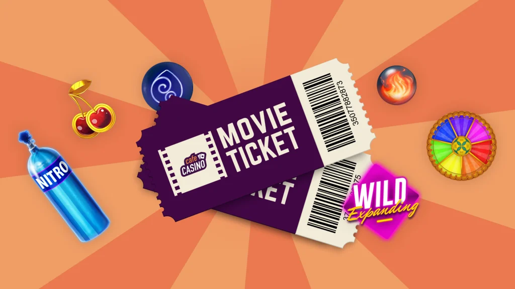 Two movie tickets surrounded by slots symbols including a can of nitro, cherries, a flame, a wheel, a diamond that says ‘Expanding Wild’ and a circle with wind inside, all over an orange background.