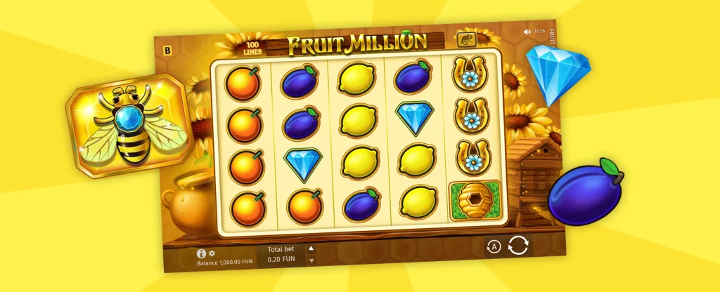Gameplay from the Cafe Casino Fruit Million slot showing multiple symbols, surrounded by a bee, diamond and plum, all set against a yellow background.