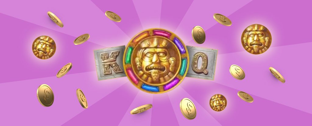 A game symbol from the Cafe Casino slots game, Aztec Magic Bonanza, representing a stone carving of a warrior, flanked by two stone carved letters - a ‘K’ and ‘O’, surrounded by falling gold coins and two smaller carved warrior stones, all set against a two-shaded purple background. Image 4 (cropped vertical image): The logo of the Cafe Casino slots game, Aztec