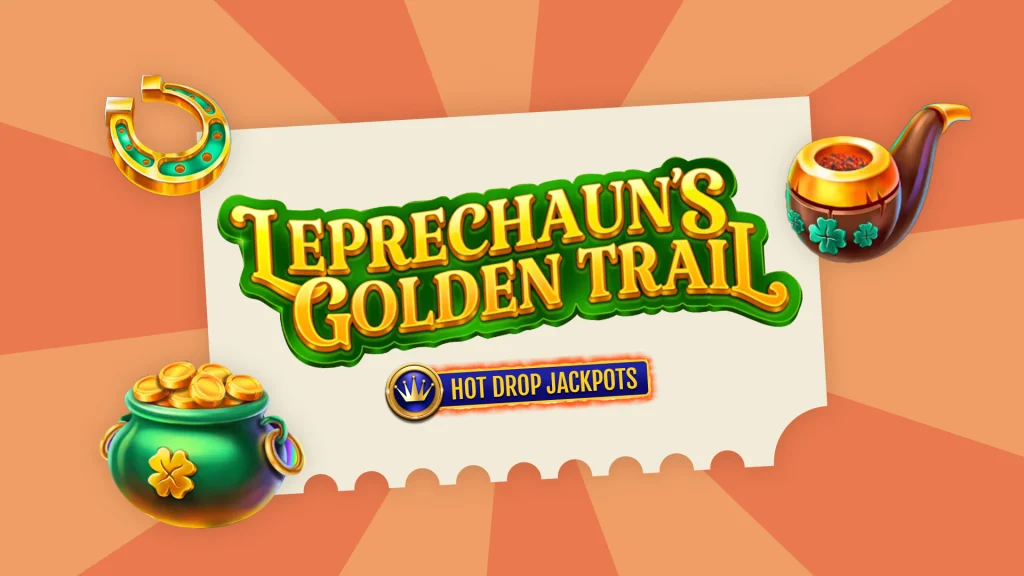 Text reads ‘Leprechaun's Golden Trail’ in the center surrounded by three slots symbols including a pot of gold.