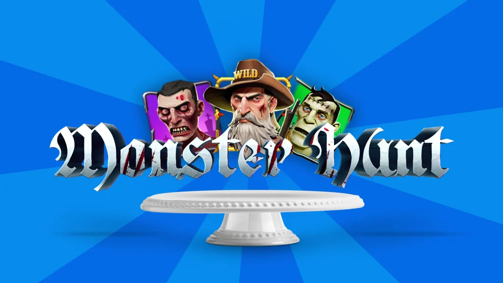 Cafe Casino slots game logo for ‘Monster Hunt’, and slot game icons hover above a cake stand against a blue background.