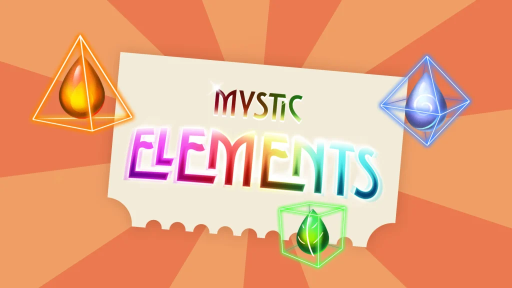 Text reads ‘Mystic Elements’ in the center surrounded by three symbols inside three dimensional shapes.