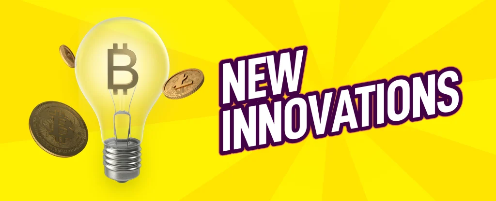 A lightbulb encasing the bitcoin logo stands next to the words ‘New Innovations’, set against a yellow background.