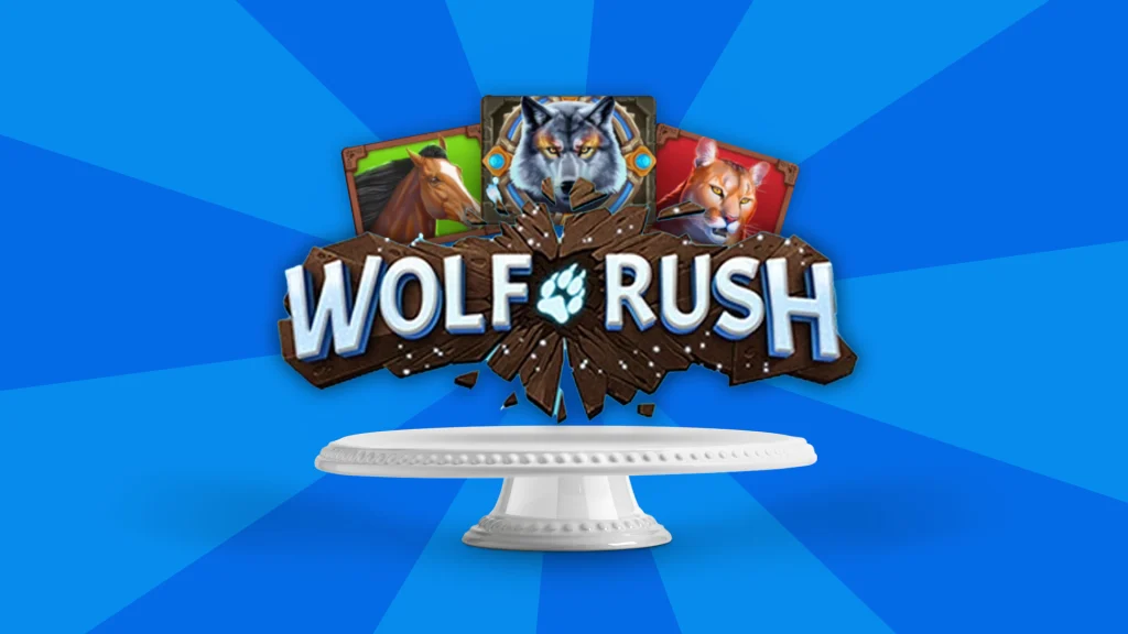 Cafe Casino slots game logo for ‘Wolf Rush’ along with slot game symbols hover above a cake stand.