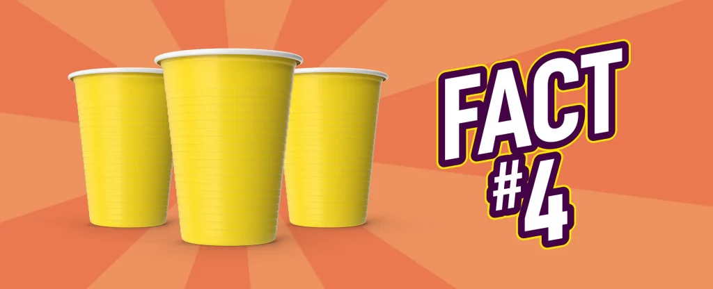 In this image we see three yellow plastic takeaway cups sitting in a triangle, next to the phrase ‘fact #4’ in bold, white capital letters with purple and yellow borders, while in the distance is a background made up of two shades of orange.