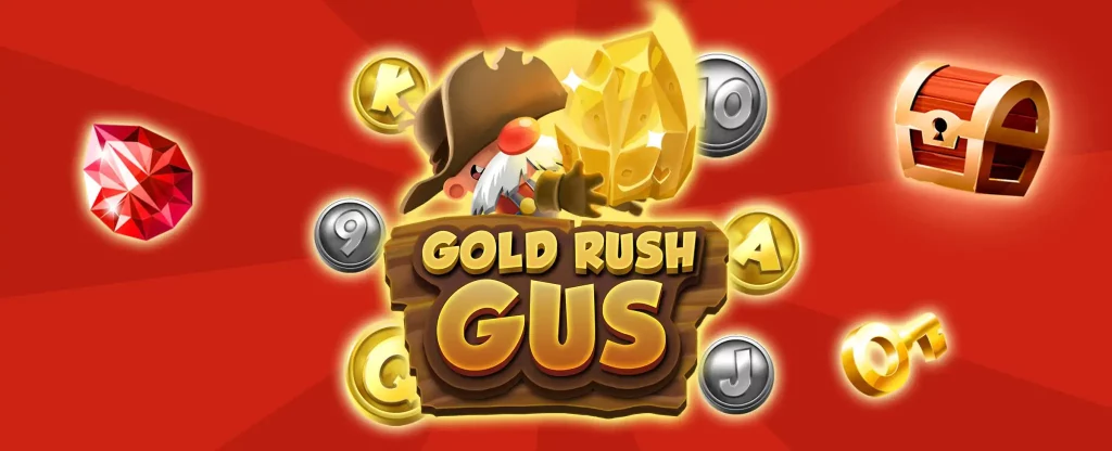 The main logo from the Cafe Casino slots game, Gold Rush Gus, featuring an animated cartoon character wearing a large brown hat with bright red nose and a large mustache, holding up a boulder of gold, standing behind a wooden sign that reads ‘Gold Rush Gus’. Surrounding it are various game symbols in gold and silver, accompanied by an illustrated treasure chest on the right, and a red gem on the left.