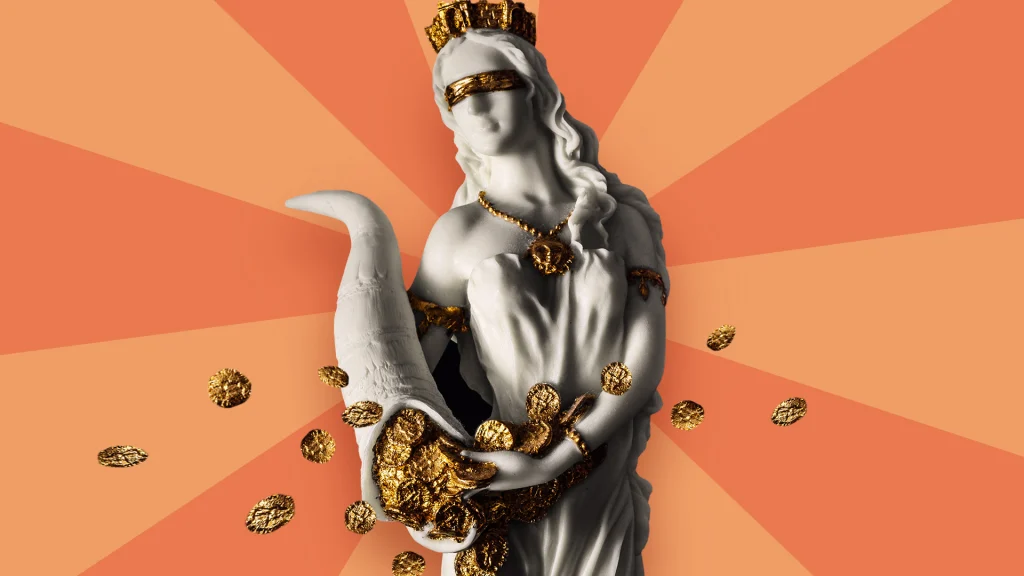 A statue of Fortuna surrounded by glistening gold, set against an orange and apricot background.