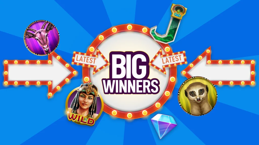 The text ‘Big Winners’ surrounded by slots game symbols set against a blue background.