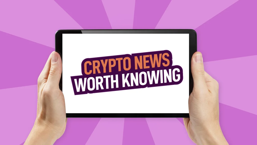 An iPad is held up displaying the words ‘Crypto News Worth Knowing’, set against a purple background.