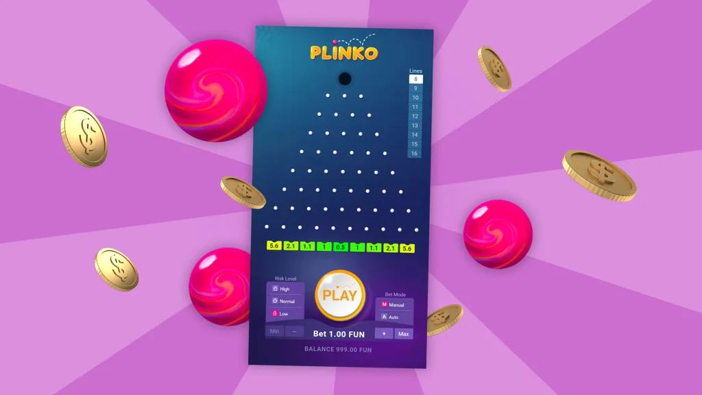 A screenshot of the Cafe Casino Plinko game is surrounded by three pink balls and falling gold coins, set against a purple background.