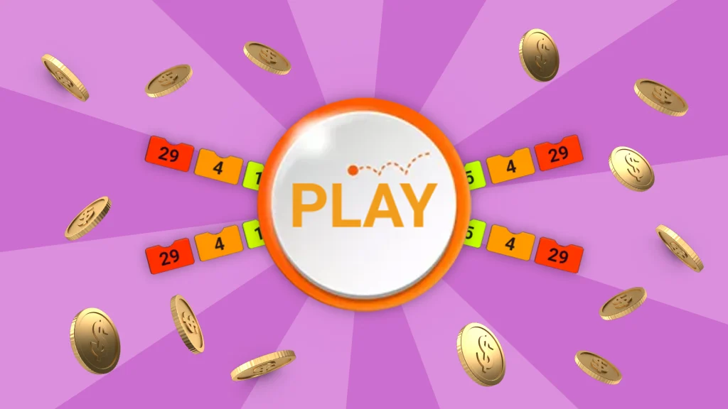 The word ‘Play’ is inset a circle with numbered tickets protruding out, surrounded by coins and set against a purple background.