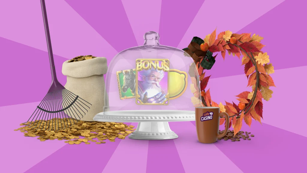 A cake cloche is surrounded by a sack of coins, cup, wreath and broom, set against a purple background.