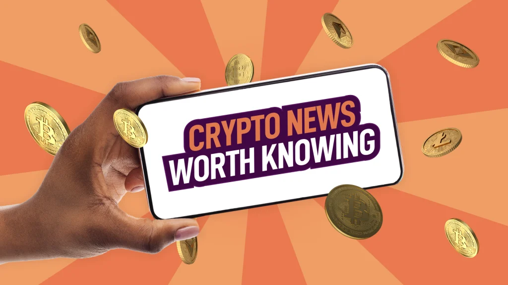 Hand holding up a mobile phone showing the words 'Crypto News Worth Knowing’, surrounded by coins against an orange background.