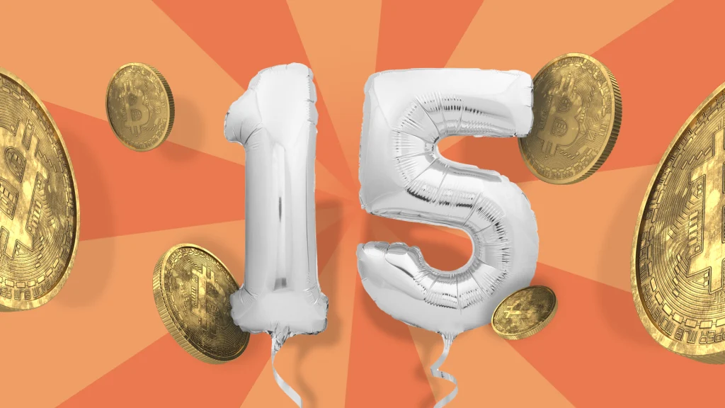 Balloons spelling out 15, surrounded by gold coins against an orange background.