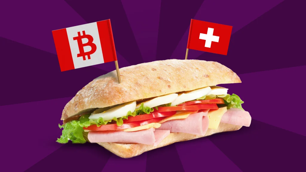 : A decadent panini pierced with bitcoin and Swiss toothpick flags set against a purple background.