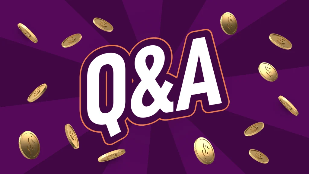 The letters ‘Q&A’ in large type are surrounded by gold coins, atop a purple background.