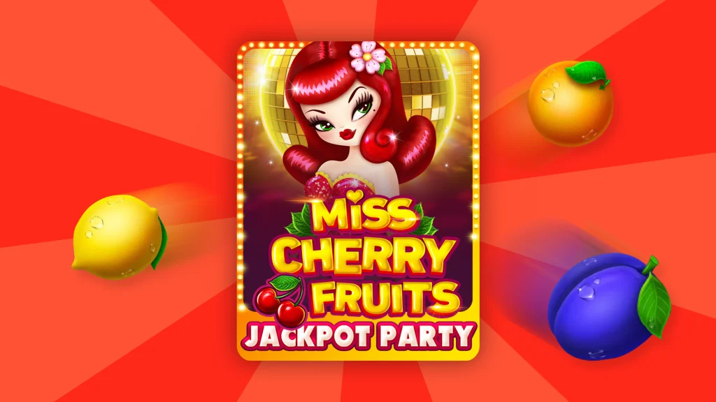 A cartoon girl with the Cafe Casino slots game logo for Miss Cherry Fruits Jackpot Party, surrounded by three fruit symbols against a red background.