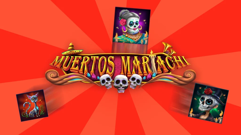 Text in the middle of a red image says “Muertos Mariachi” and three skulls are underneath it. Various symbols of sugar skulls are on the top and sides. 