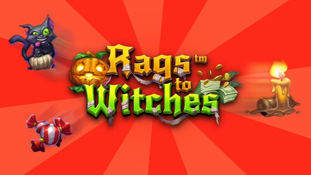 ‘Rags to Witches’ is written in the middle of a red background and symbols of cats, candies, pumpkins, and candles are on either side. 