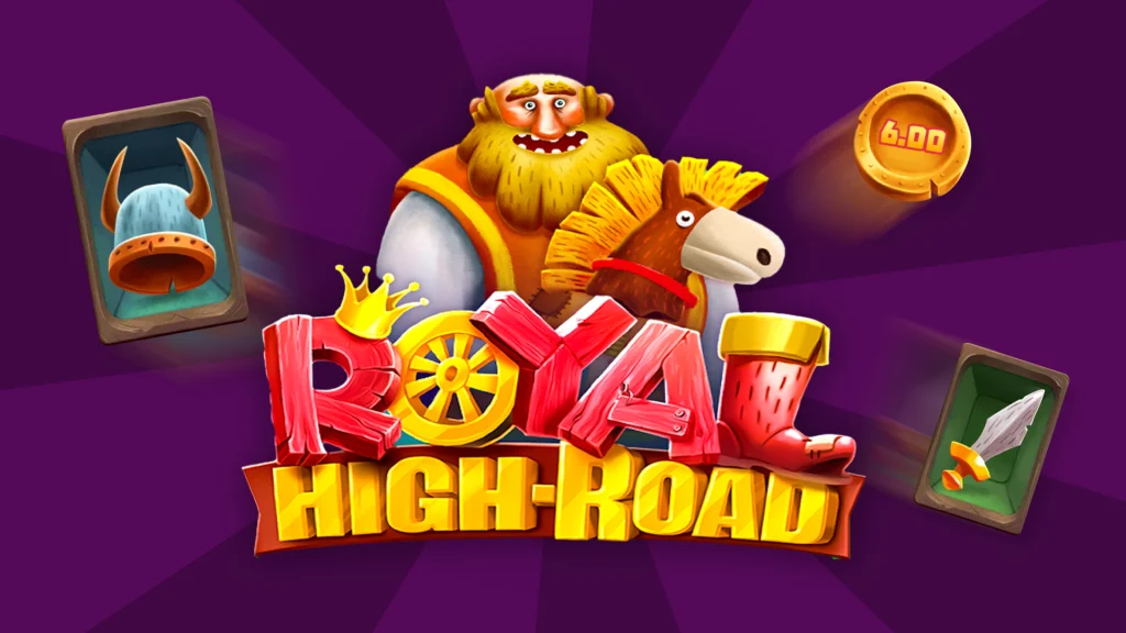A cartoon medieval knight and horse are behind the text ‘Royal High-Road’ – from the Cafe Casino slots game – surrounded by slots symbols, set against a purple background.
