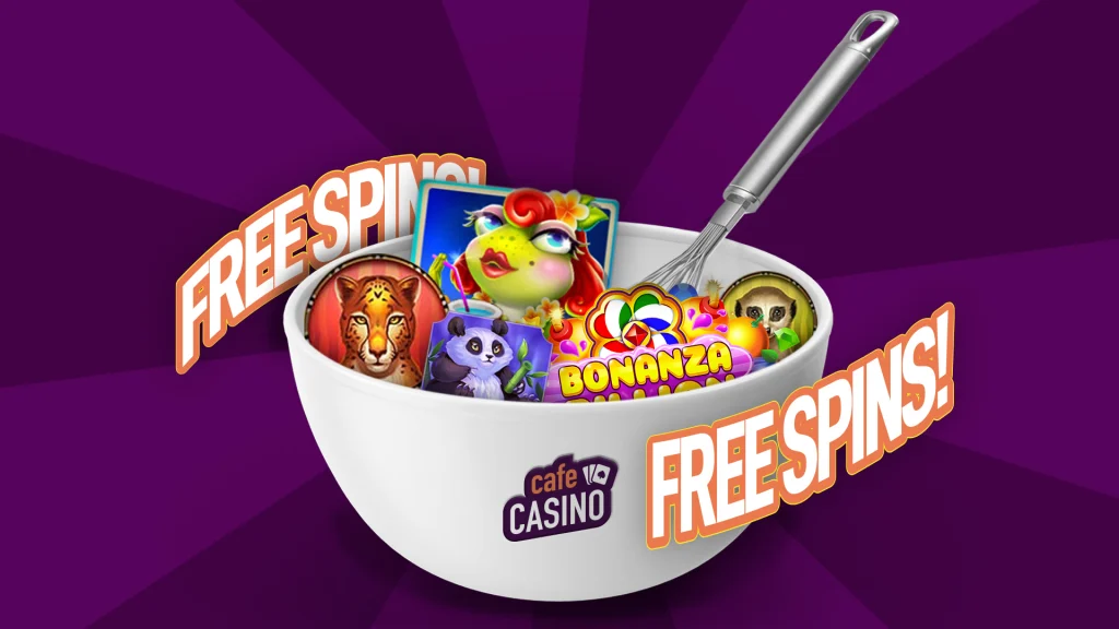 A bowl filled with slot game symbols flanked by the text ‘Free Spins’ set against a purple background.