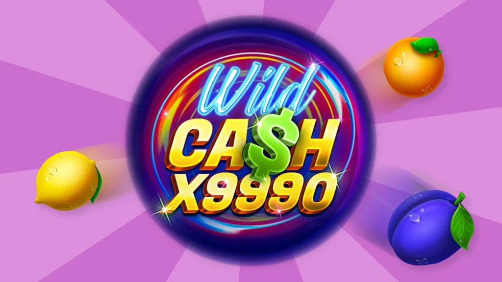 The Cafe Casino Wild Cash X9990 logo is surrounded by three fruit game icons, set against a violet background.
