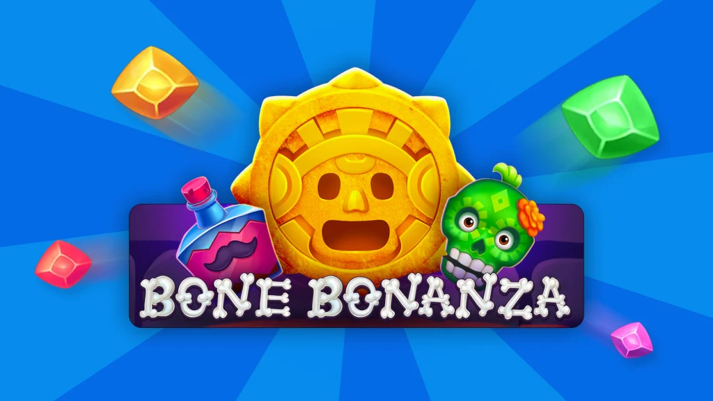 Various Aztec icons behind the Cafe Casino slots game logo for ‘Bone Bonanza’ surrounded by gemstones against a blue background.