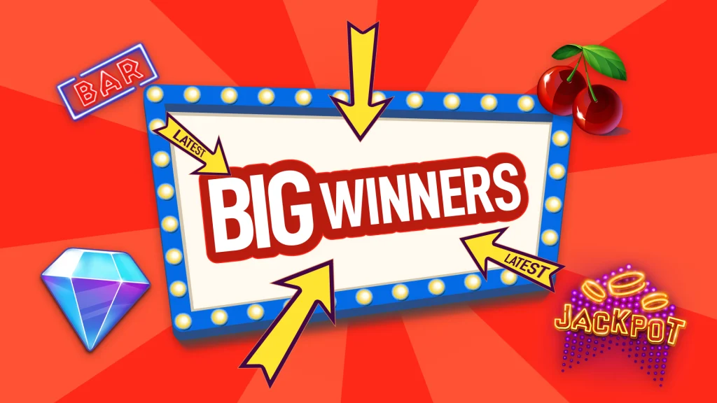Vegas-style sign that reads ‘Big Winners’ surrounded by four slot game symbols against a red background.