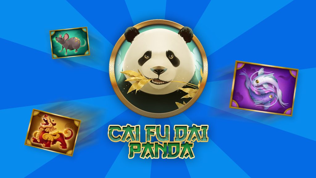 A cartoon panda surrounded by slot game symbols with the text ‘Cai Fu Dai Panda’ against a blue background.