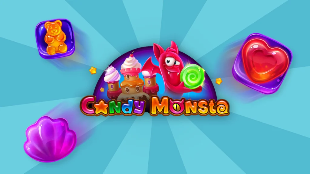 3D candy symbols and the logo from the Cafe Casino slots game Candy Monsta, against an aqua background.