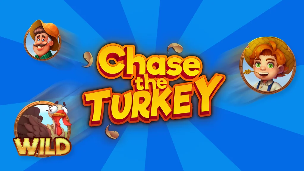 The Cafe Casino slots game logo for ‘Chase the Turkey’ surrounded by the slot game symbols against a blue background.