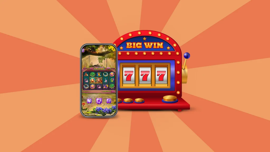 On a peach background there’s an old-school slot game to the right showing “777” on the reels, and to the left is a smartphone with a game in motion.