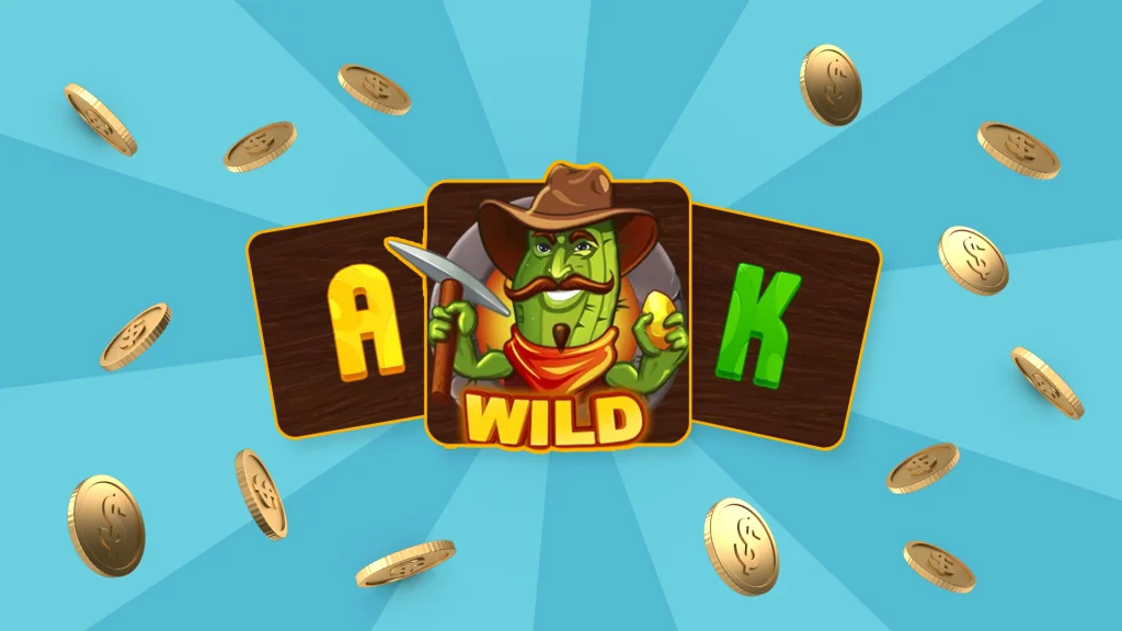 Cartoon gold miner flanked by the letters A and K with ‘wild’ overlaid, surrounded by gold coins against a blue background.