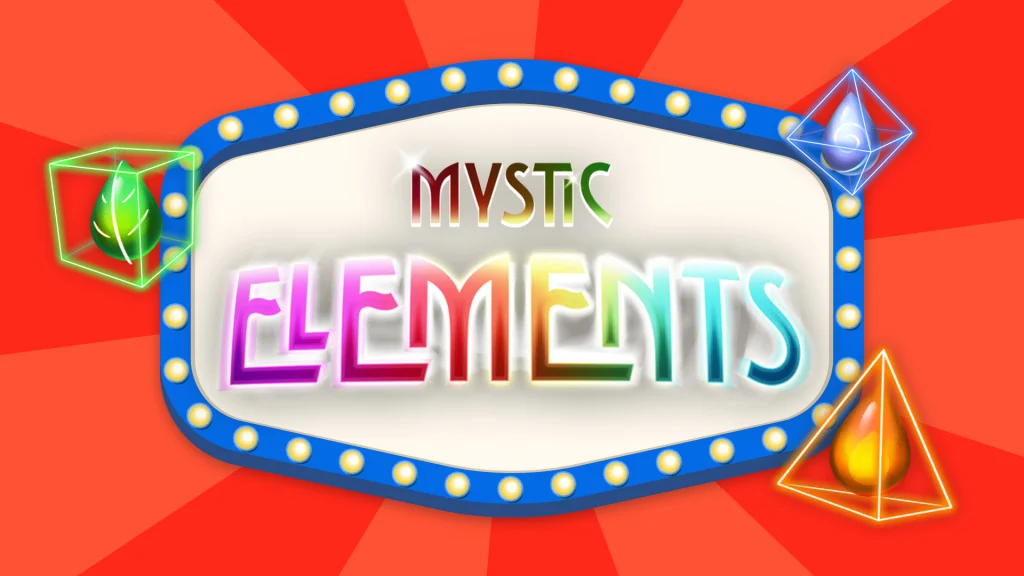 Three colored symbols surround a Vegas-style sign with the Cafe Casino slots game logo from Mystic Elements.