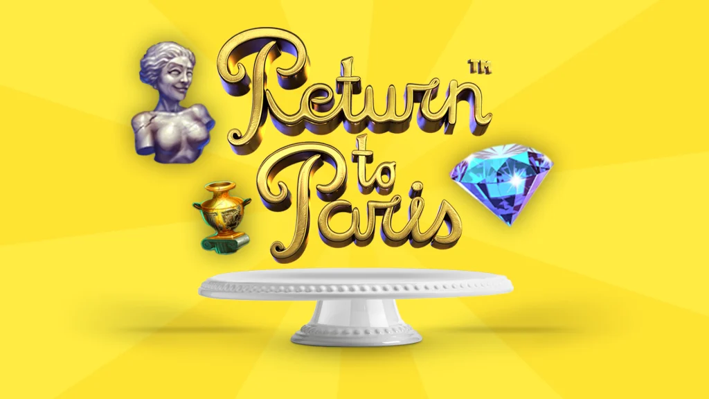 A serving dish displaying the logo of the Cafe Casino slot, Return to Paris, is centered. Symbols from the slot surround it including a bust, vase and a diamond. 