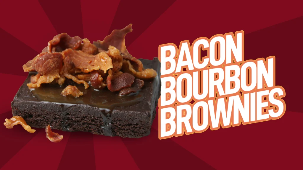A chocolate brownie topped with bacon against a purple background with the text ‘bacon bourbon brownies’ overlaid.