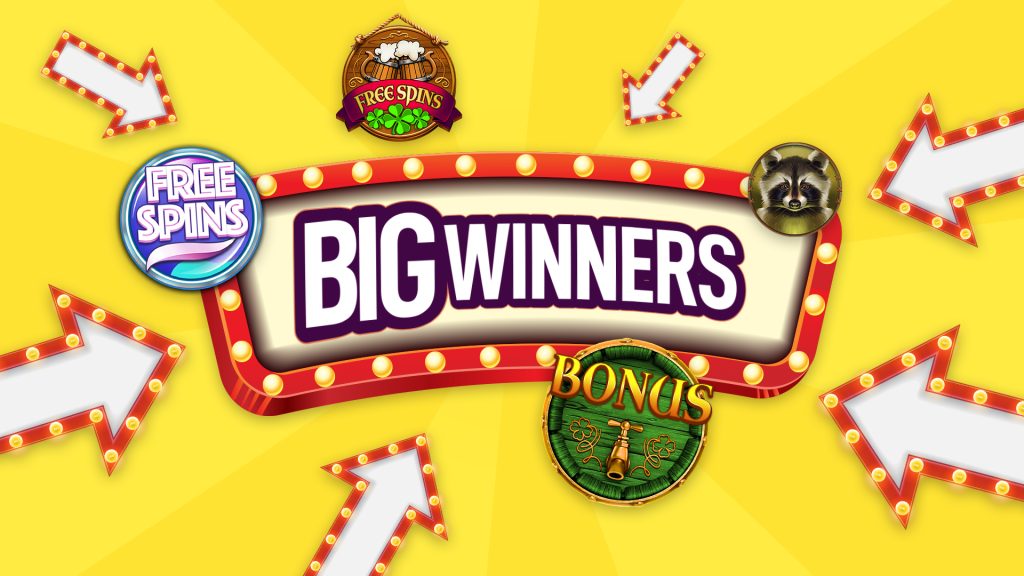 ‘Big Winners’ is centered surrounded by showbiz style bulb lights, while slot symbols and arrows point to the center of the image, on a yellow background.